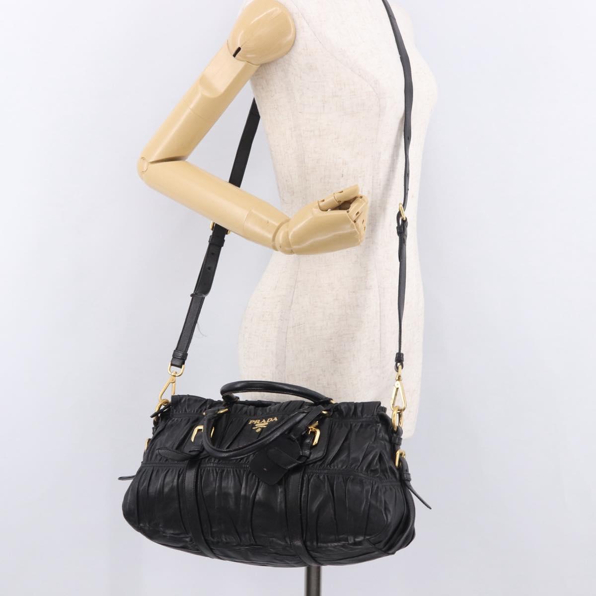 PRADA Gathered Hand Bag Leather 2way Black Gold Auth 190154V
