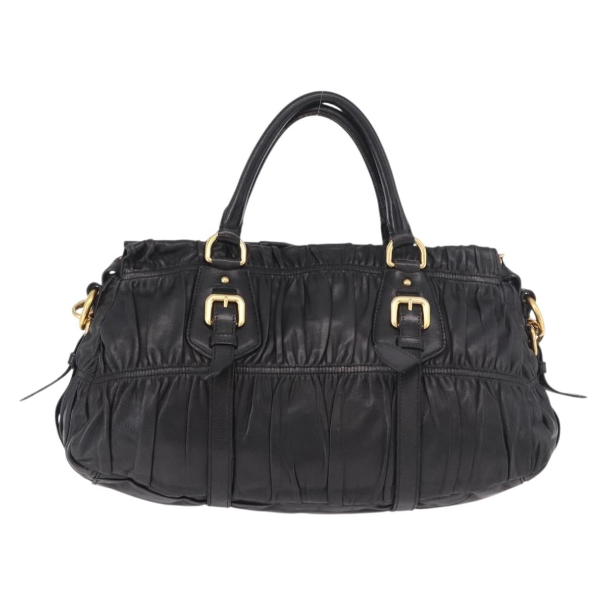 PRADA Gathered Hand Bag Leather 2way Black Gold Auth 190154V