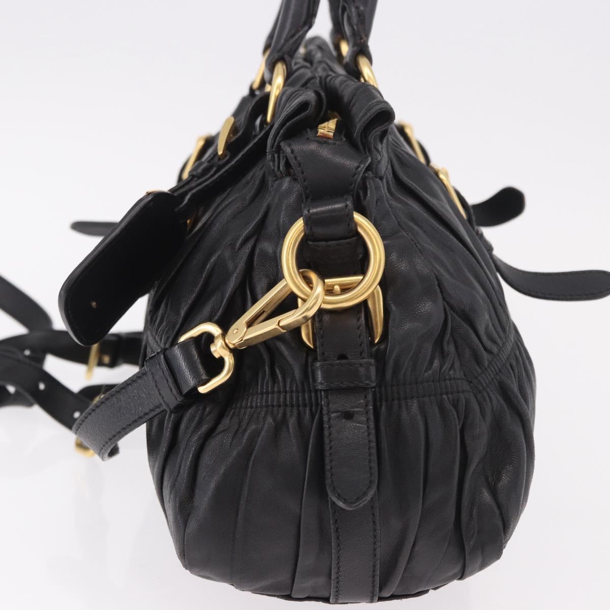 PRADA Gathered Hand Bag Leather 2way Black Gold Auth 190154V