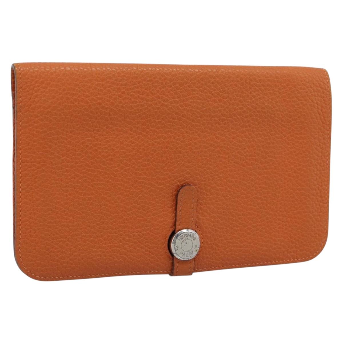 HERMES Dogon GM Wallet Togo leather Orange Silver Auth 190176A