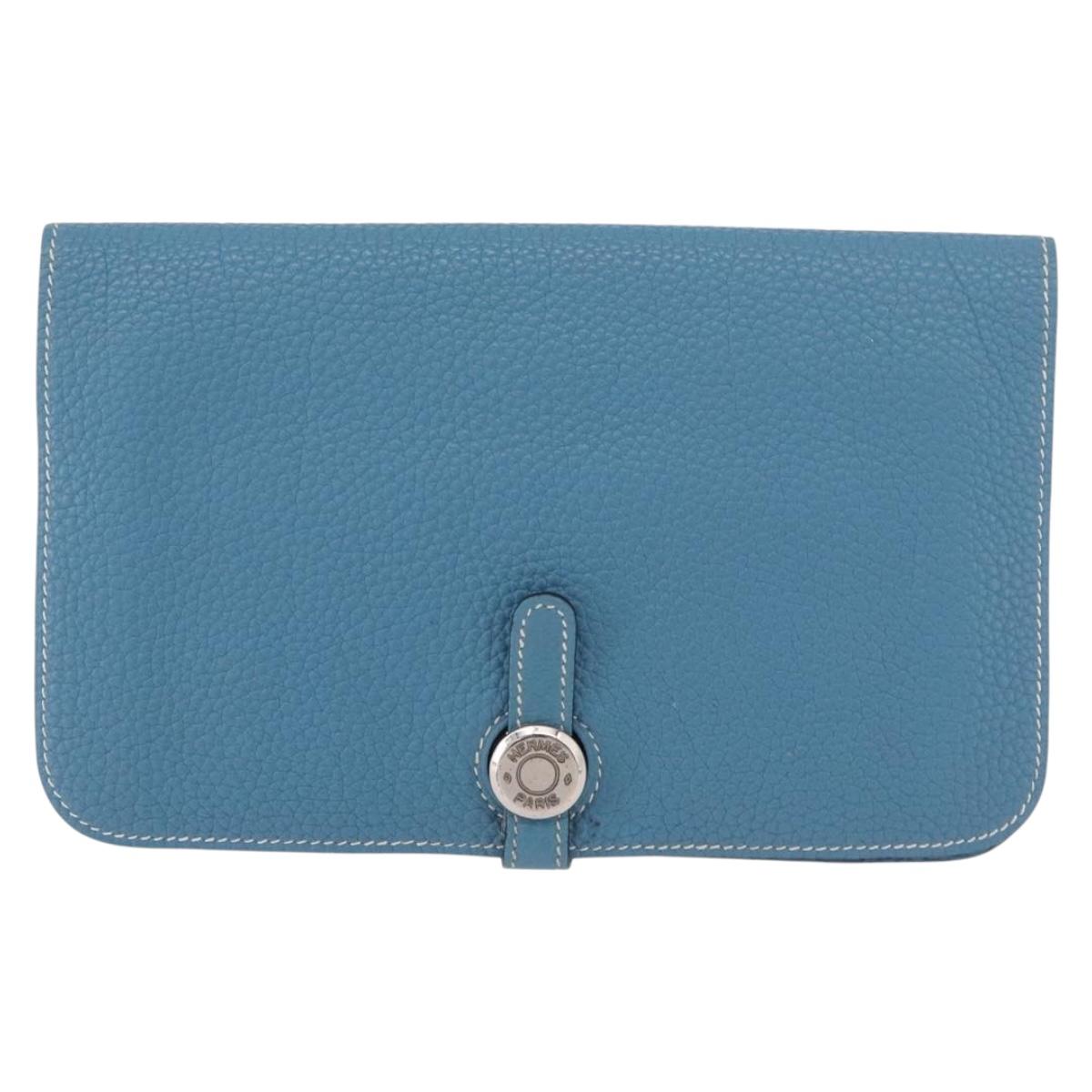HERMES Dogon GM Wallet Togo leather Blue Silver Auth 190177M
