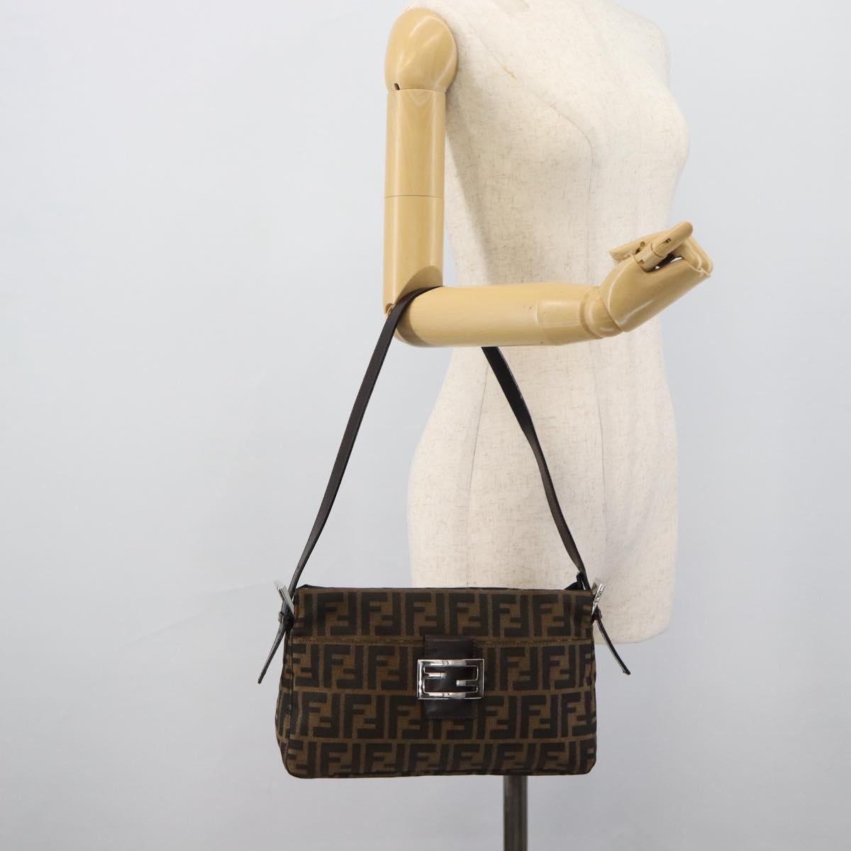 FENDI Zucca Canvas Mamma Baguette Shoulder Bag Black Brown Auth 190180SAV