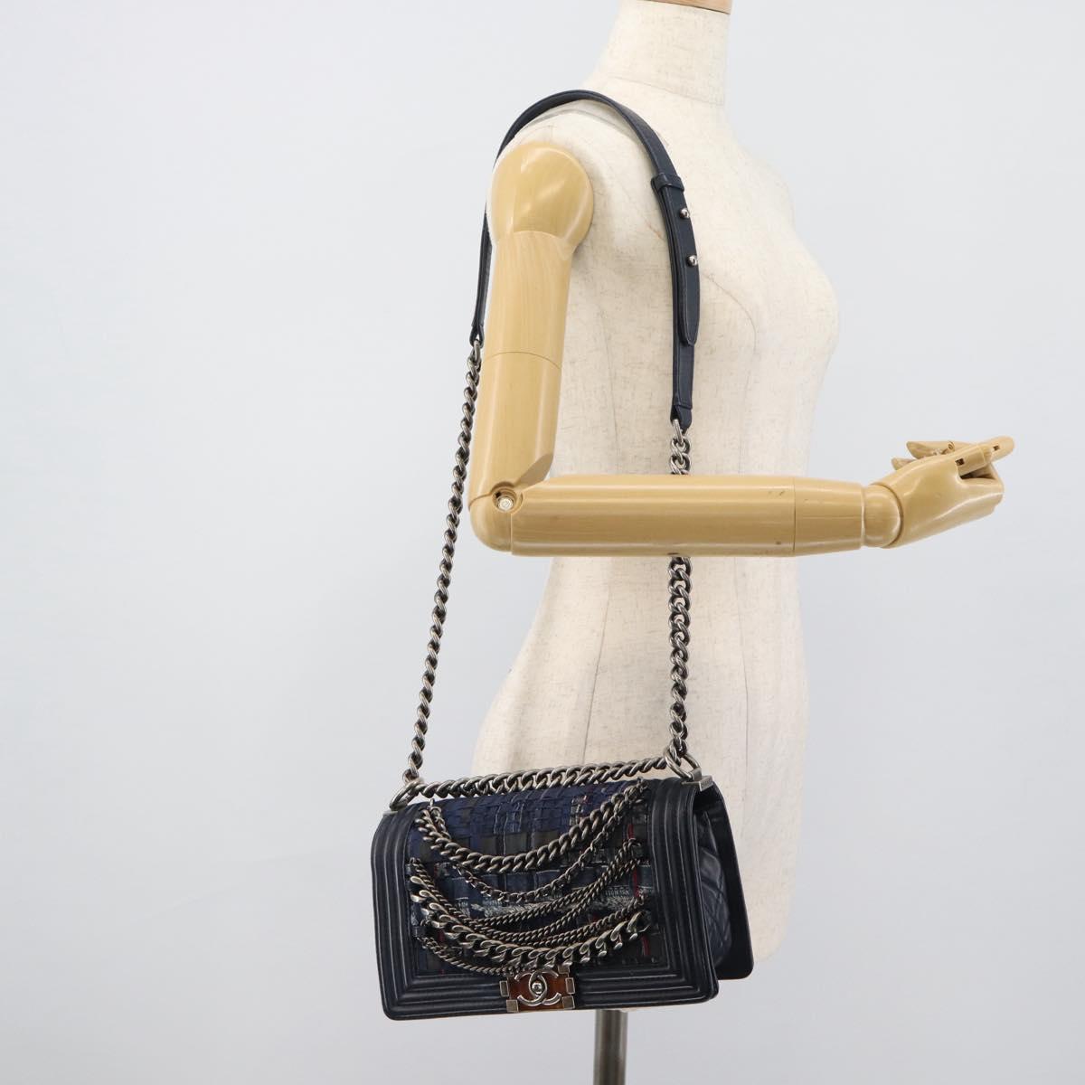 CHANEL Boy Chanel Chain Shoulder Bag Denim Blue Silver CC Auth 190194SAM