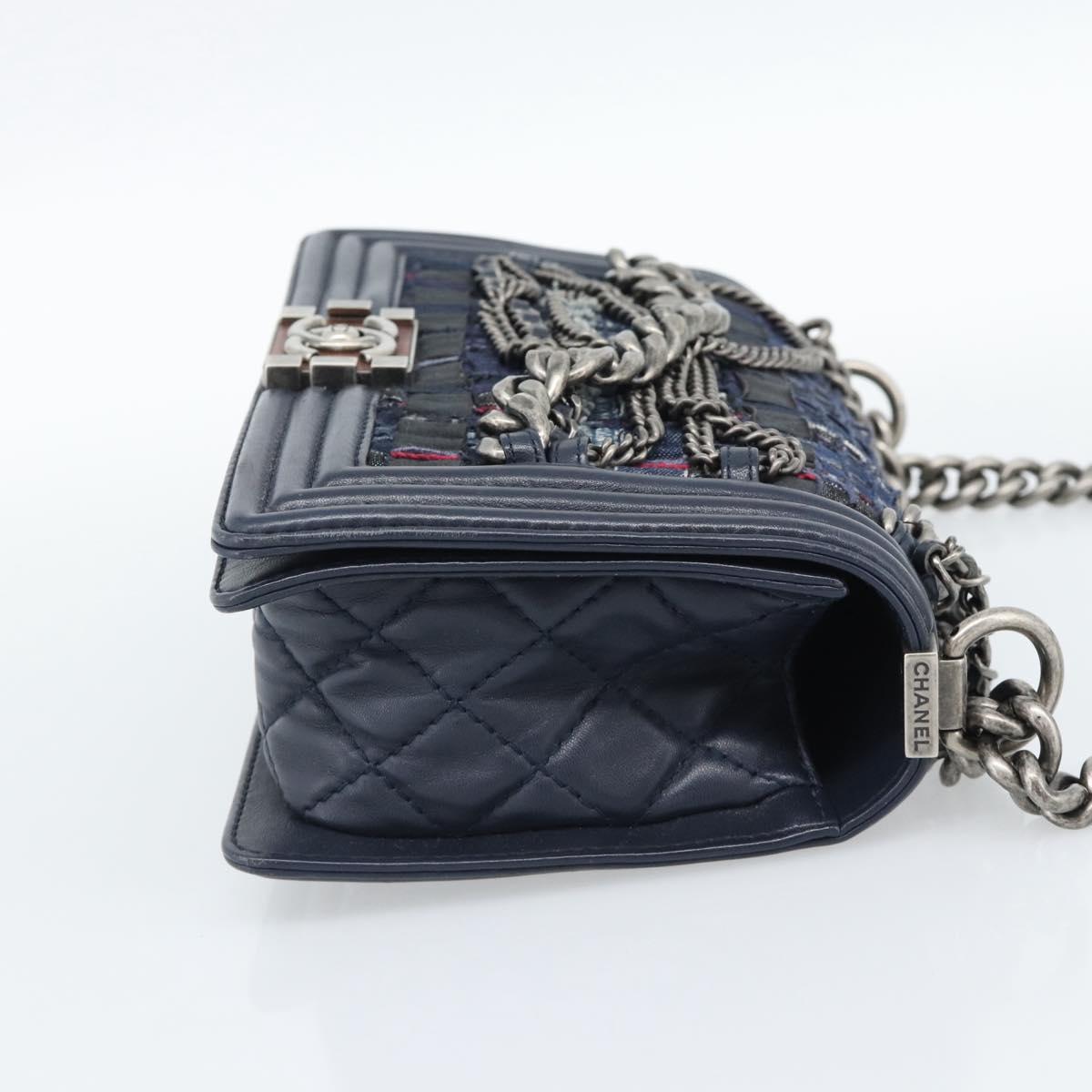 CHANEL Boy Chanel Chain Shoulder Bag Denim Blue Silver CC Auth 190194SAM