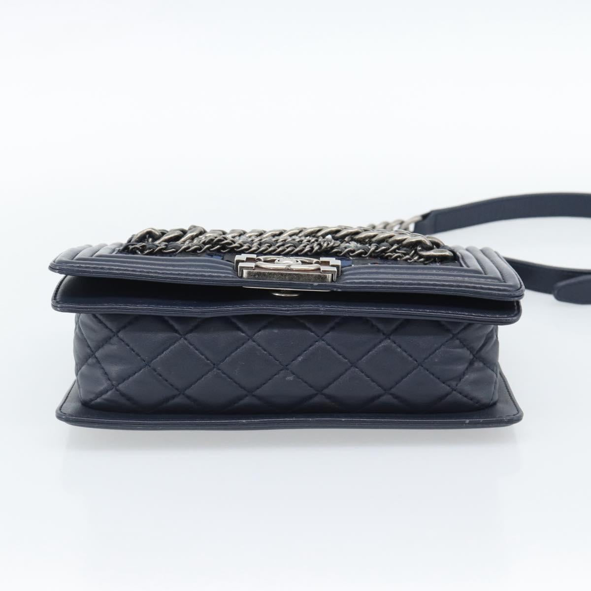 CHANEL Boy Chanel Chain Shoulder Bag Denim Blue Silver CC Auth 190194SAM