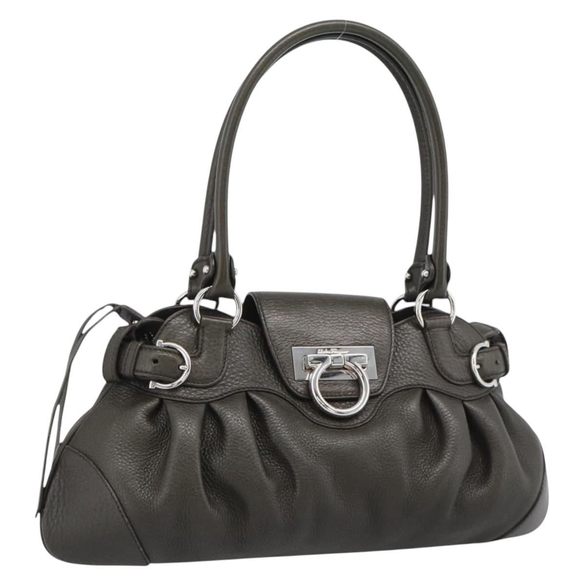 Salvatore Ferragamo Gancini Tote Bag Leather Khaki Silver Auth 190197A