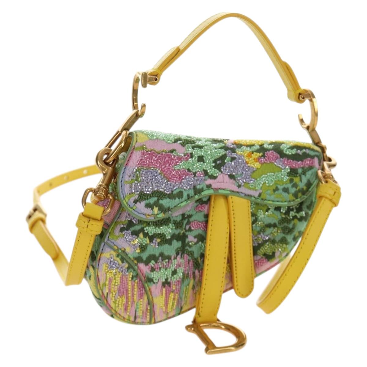 Christian Dior Micro Saddle Hand Bag Canvas Beads 2way Green Gold Auth 190200SAM