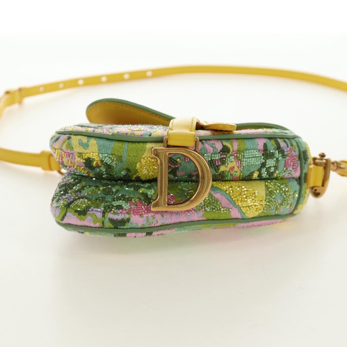 Christian Dior Micro Saddle Hand Bag Canvas Beads 2way Green Gold Auth 190200SAM