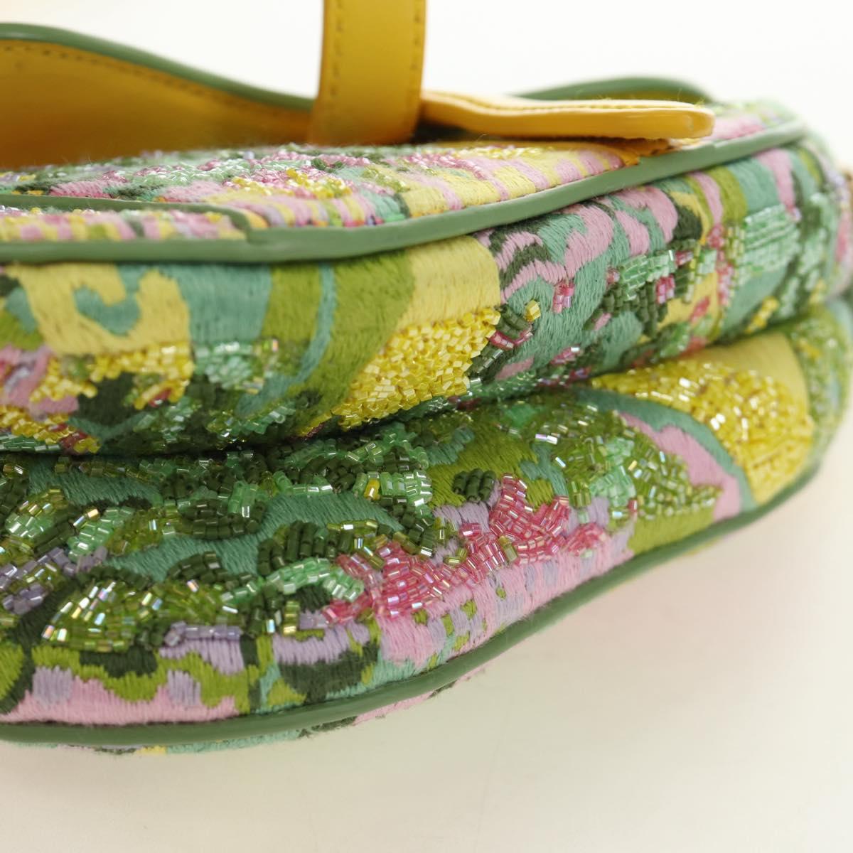 Christian Dior Micro Saddle Hand Bag Canvas Beads 2way Green Gold Auth 190200SAM