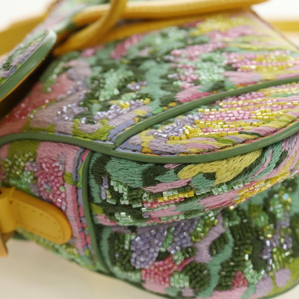 Christian Dior Micro Saddle Hand Bag Canvas Beads 2way Green Gold Auth 190200SAM