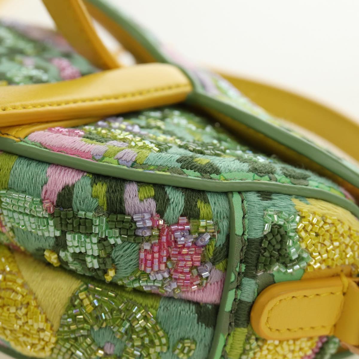 Christian Dior Micro Saddle Hand Bag Canvas Beads 2way Green Gold Auth 190200SAM