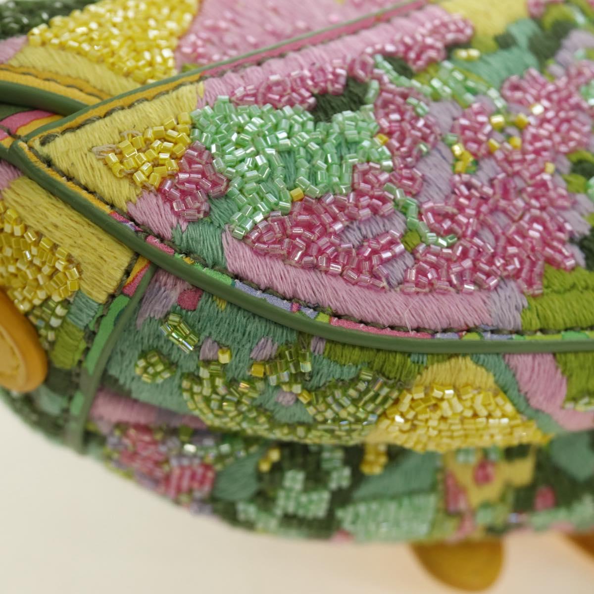 Christian Dior Micro Saddle Hand Bag Canvas Beads 2way Green Gold Auth 190200SAM