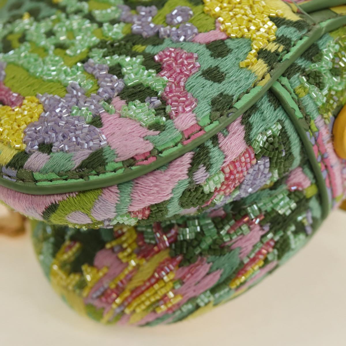 Christian Dior Micro Saddle Hand Bag Canvas Beads 2way Green Gold Auth 190200SAM