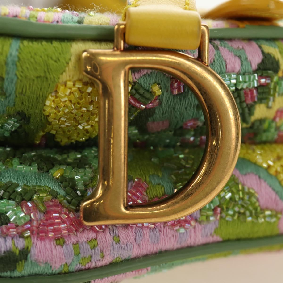 Christian Dior Micro Saddle Hand Bag Canvas Beads 2way Green Gold Auth 190200SAM