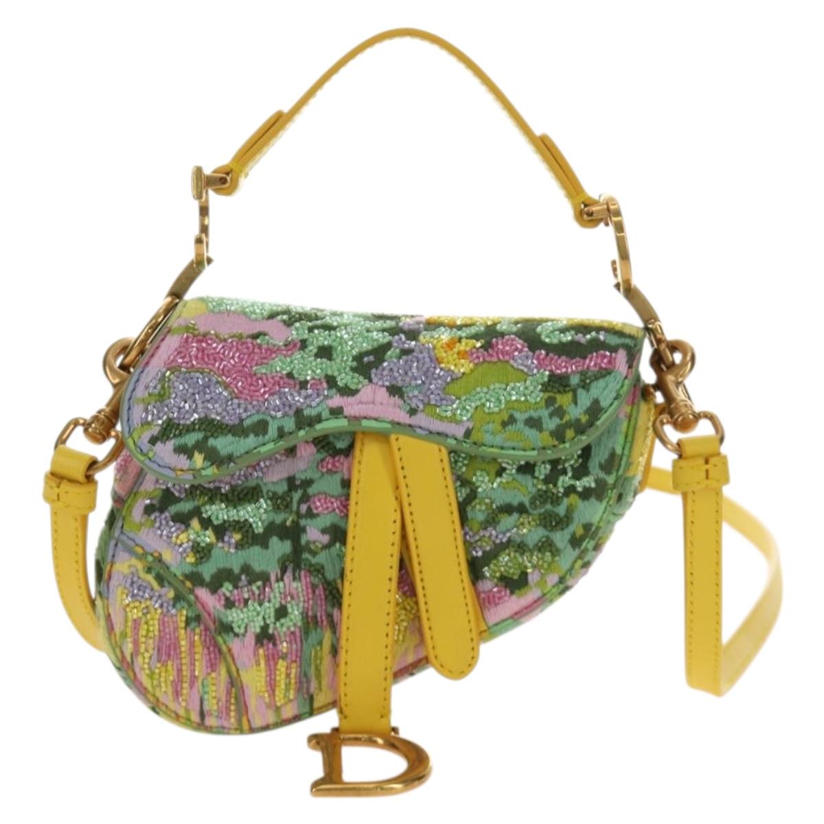 Christian Dior Micro Saddle Hand Bag Canvas Beads 2way Green Gold Auth 190200SAM