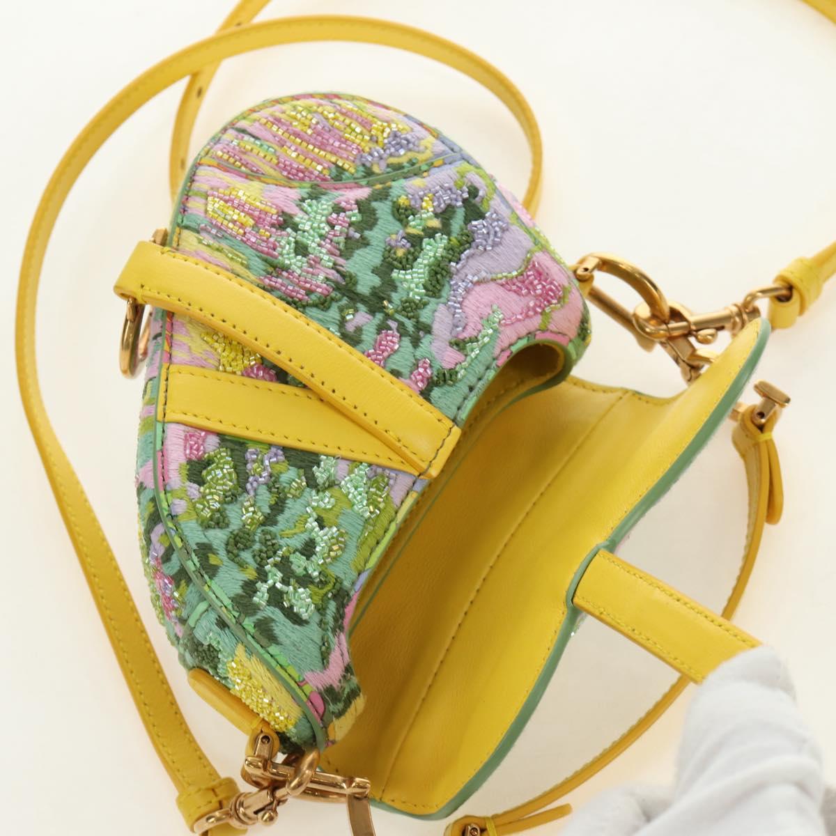 Christian Dior Micro Saddle Hand Bag Canvas Beads 2way Green Gold Auth 190200SAM