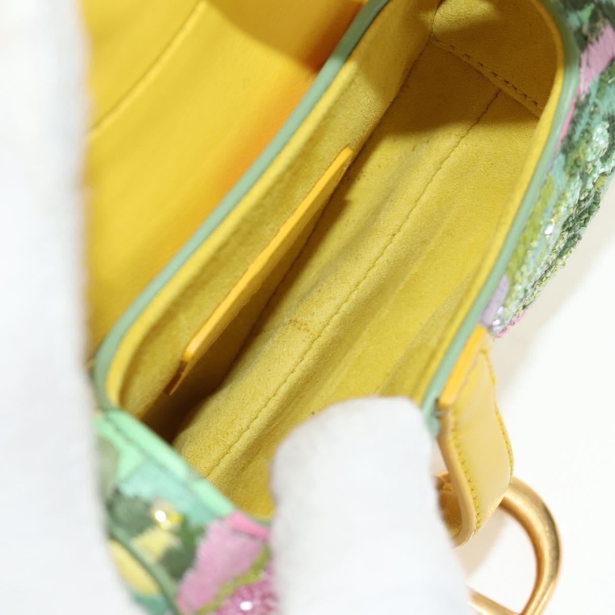 Christian Dior Micro Saddle Hand Bag Canvas Beads 2way Green Gold Auth 190200SAM