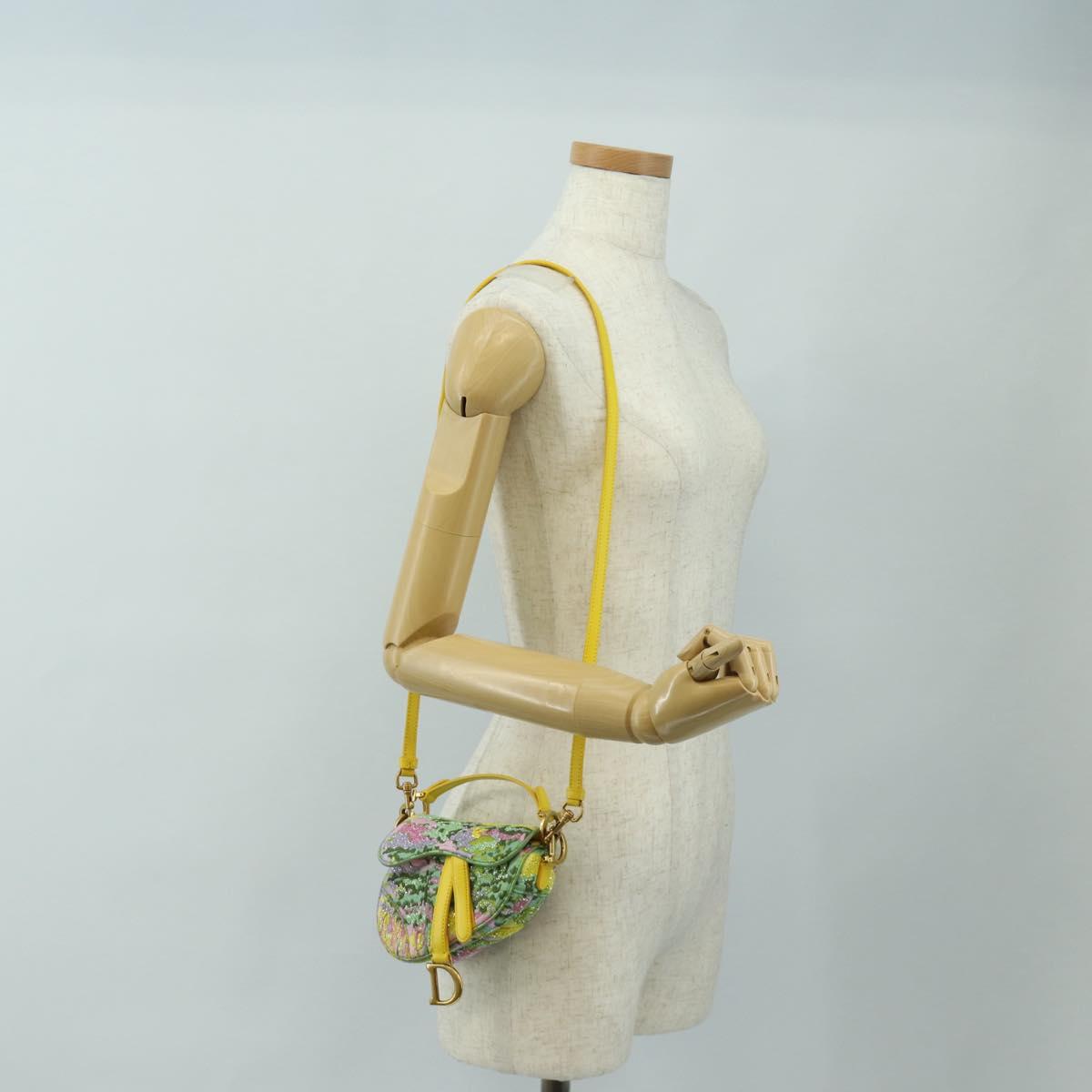 Christian Dior Micro Saddle Hand Bag Canvas Beads 2way Green Gold Auth 190200SAM