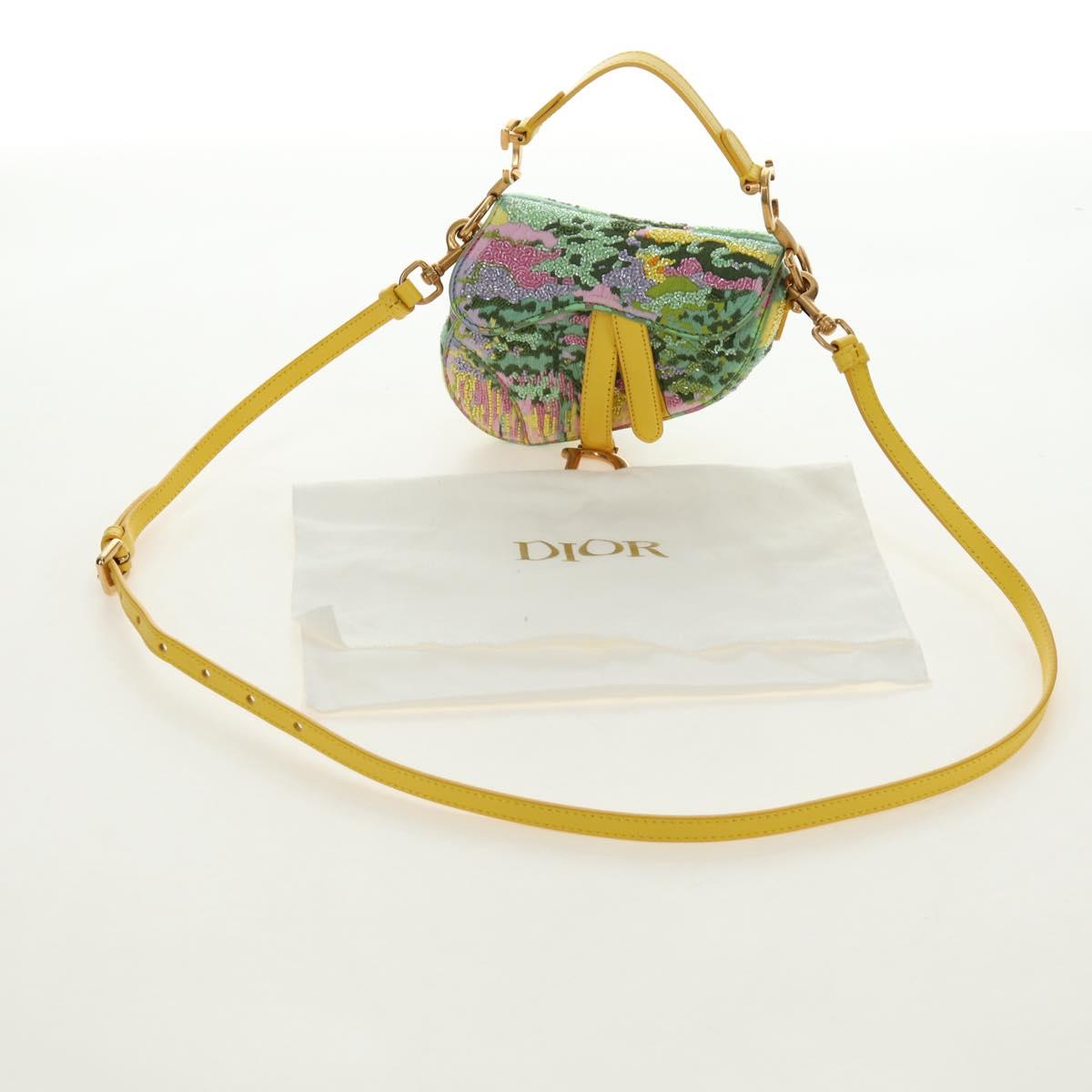 Christian Dior Micro Saddle Hand Bag Canvas Beads 2way Green Gold Auth 190200SAM