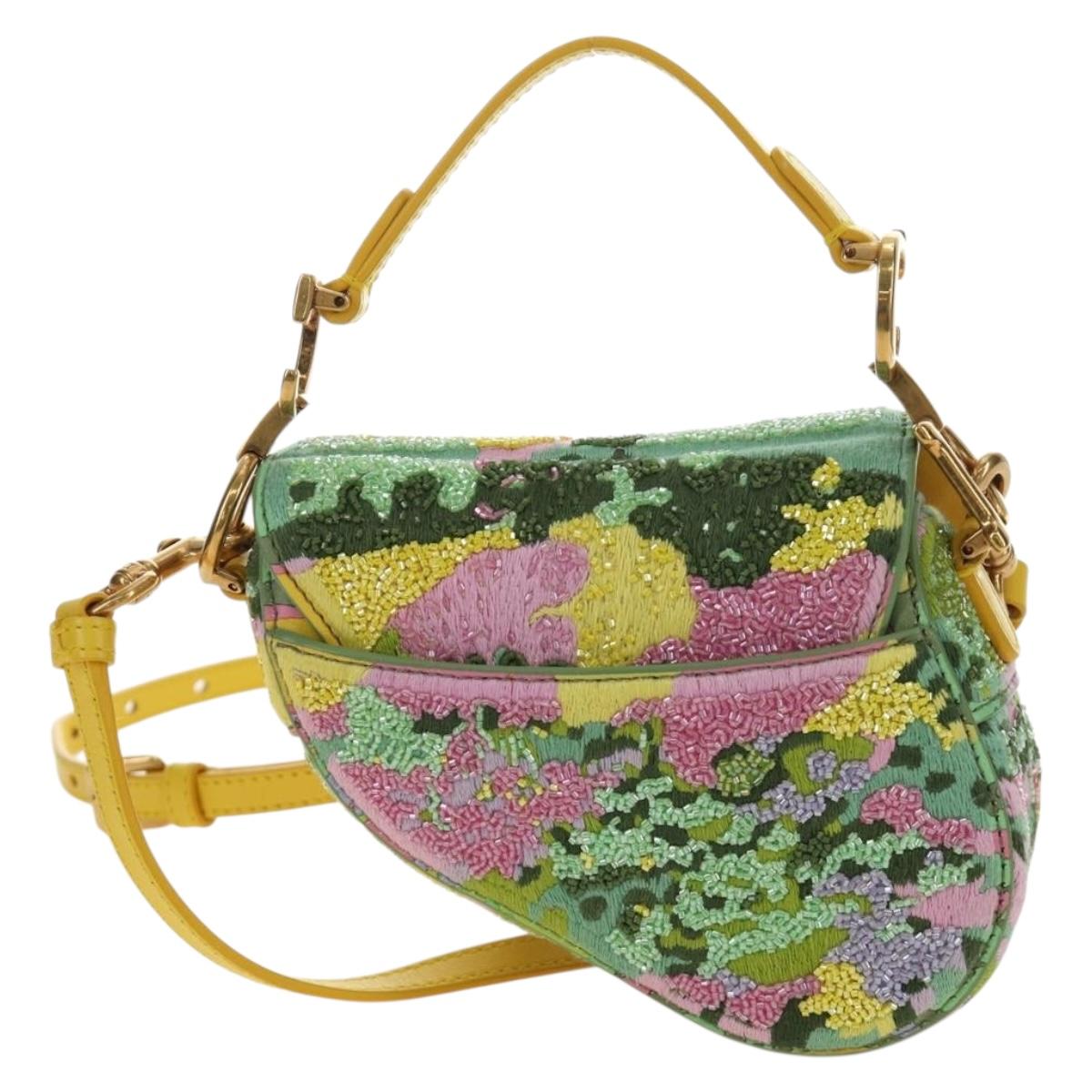 Christian Dior Micro Saddle Hand Bag Canvas Beads 2way Green Gold Auth 190200SAM