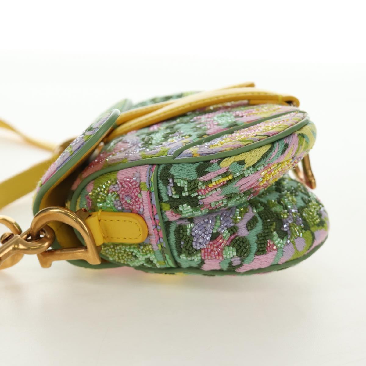 Christian Dior Micro Saddle Hand Bag Canvas Beads 2way Green Gold Auth 190200SAM