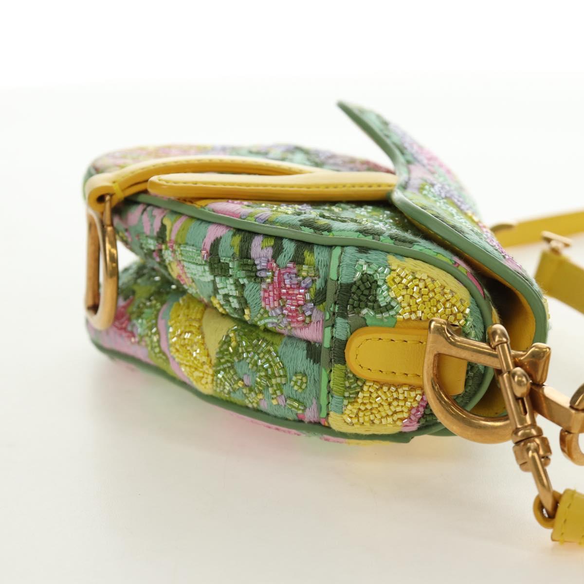 Christian Dior Micro Saddle Hand Bag Canvas Beads 2way Green Gold Auth 190200SAM