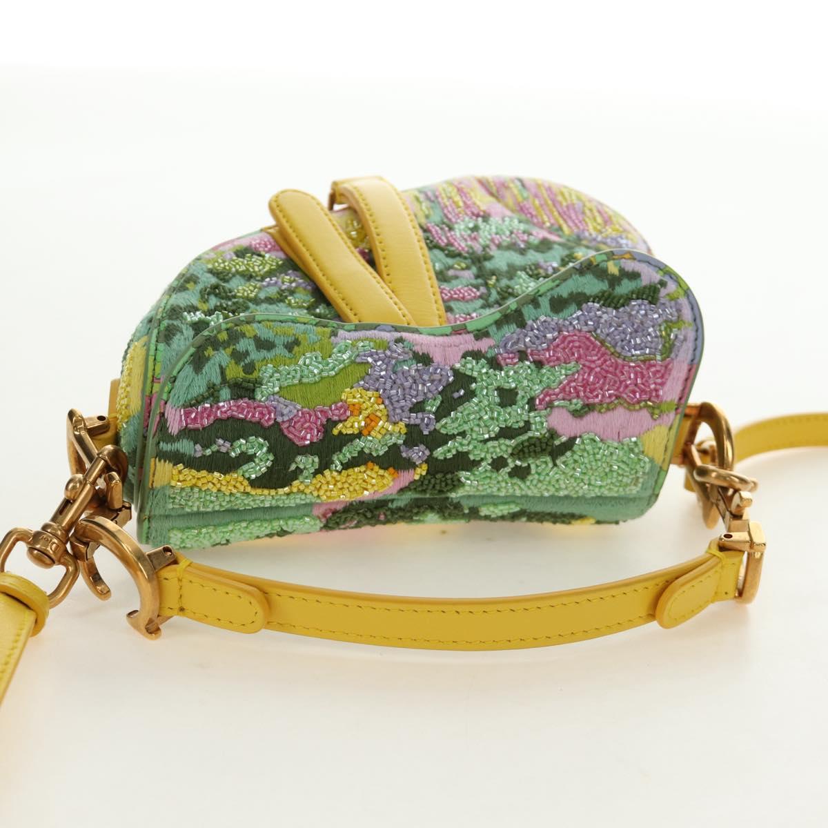 Christian Dior Micro Saddle Hand Bag Canvas Beads 2way Green Gold Auth 190200SAM