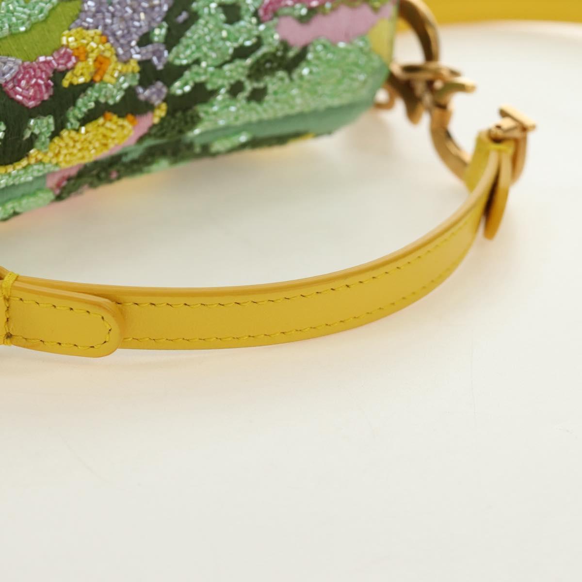 Christian Dior Micro Saddle Hand Bag Canvas Beads 2way Green Gold Auth 190200SAM