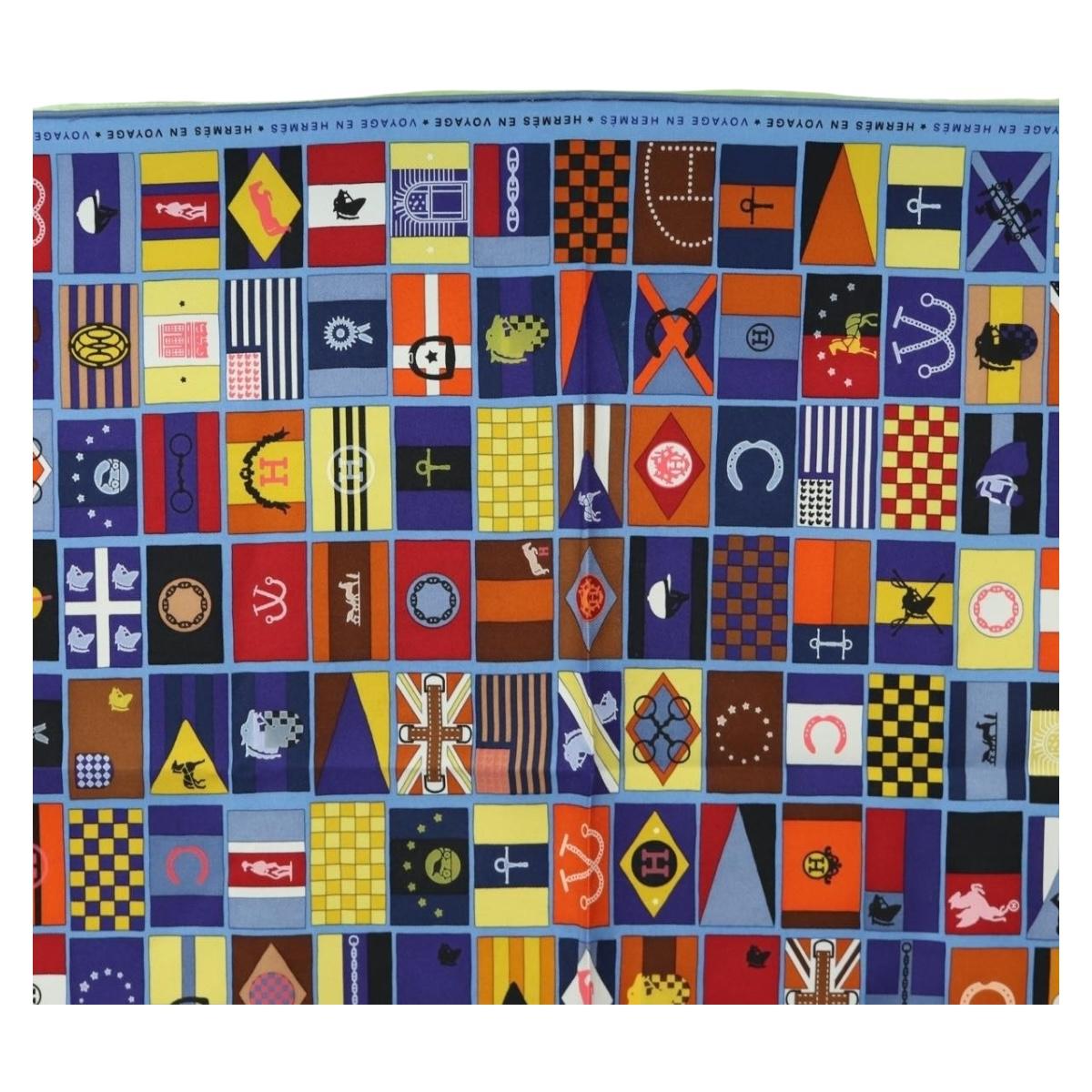 HERMES Carre 90 Scarf ”En Voyage"" Silk Blue Auth 190238M