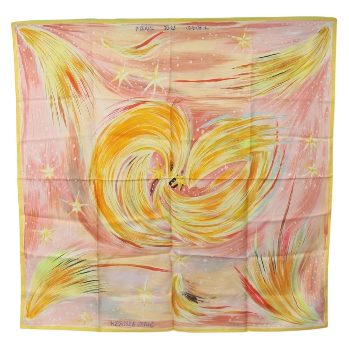 HERMES Carre 90 Scarf ”FEUX DU CIEL"" Silk Pink Auth 190239M