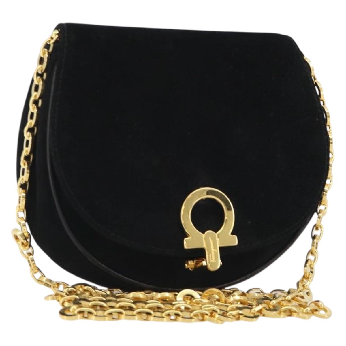 Salvatore Ferragamo Gancini Chain Shoulder Bag Suede Black Gold Auth 190242