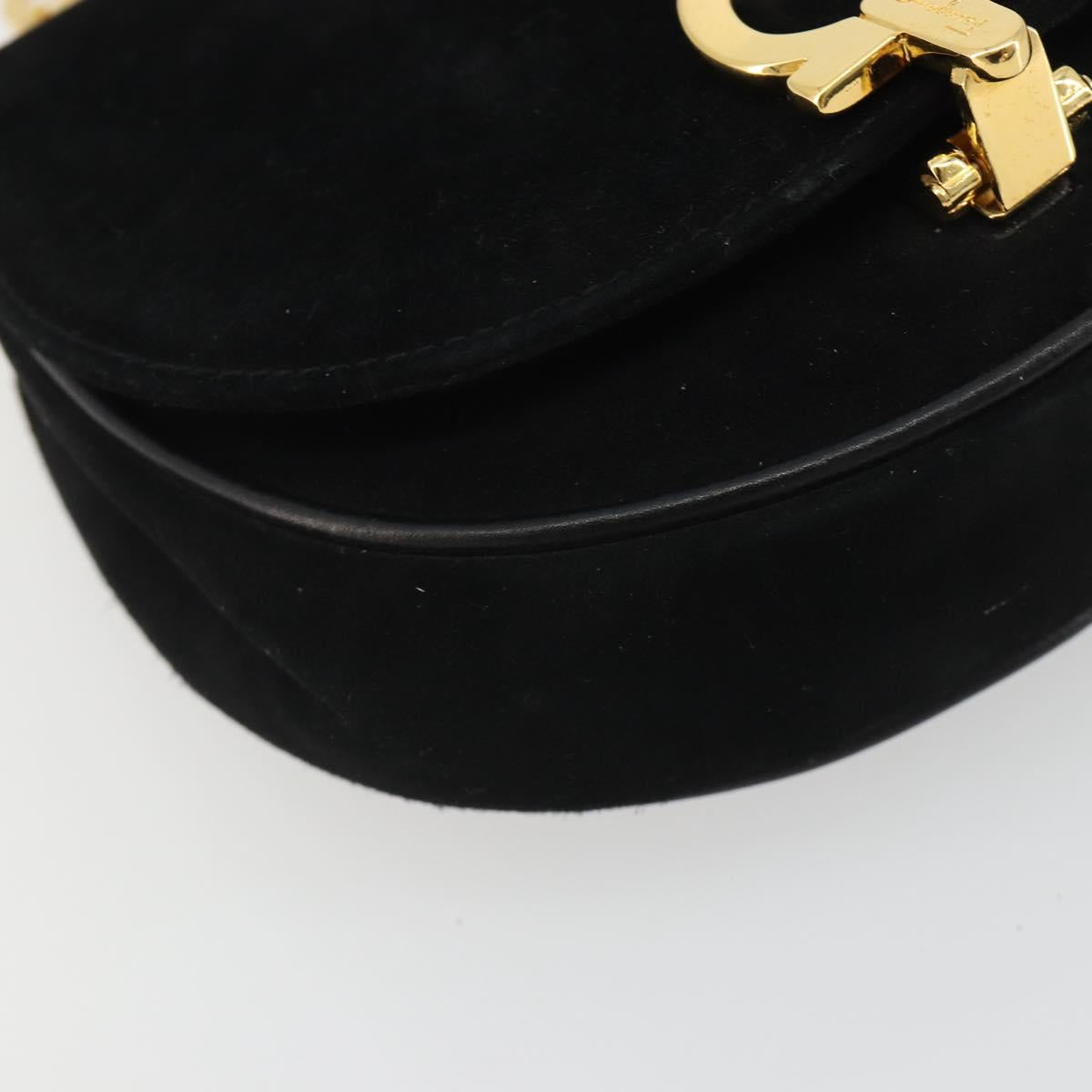 Salvatore Ferragamo Gancini Chain Shoulder Bag Suede Black Gold Auth 190242