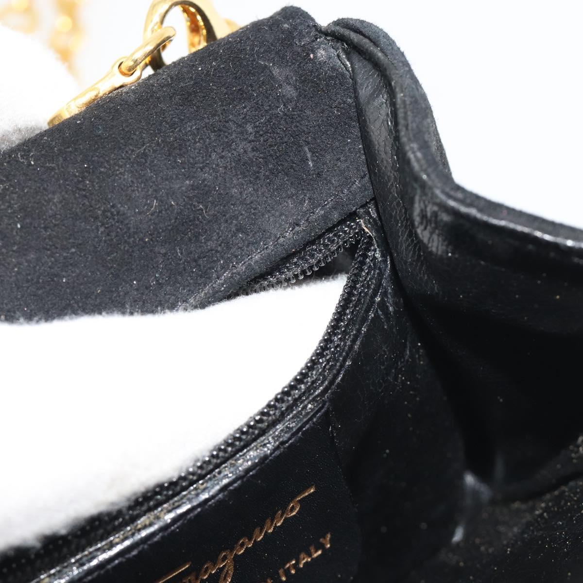 Salvatore Ferragamo Gancini Chain Shoulder Bag Suede Black Gold Auth 190242
