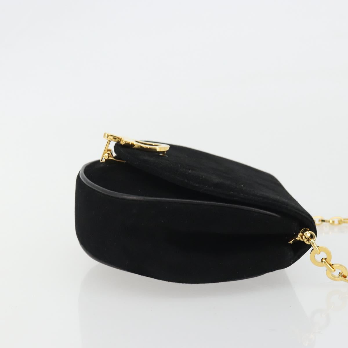 Salvatore Ferragamo Gancini Chain Shoulder Bag Suede Black Gold Auth 190242