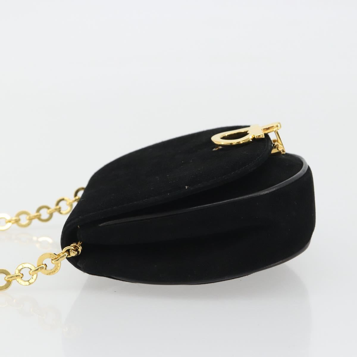 Salvatore Ferragamo Gancini Chain Shoulder Bag Suede Black Gold Auth 190242