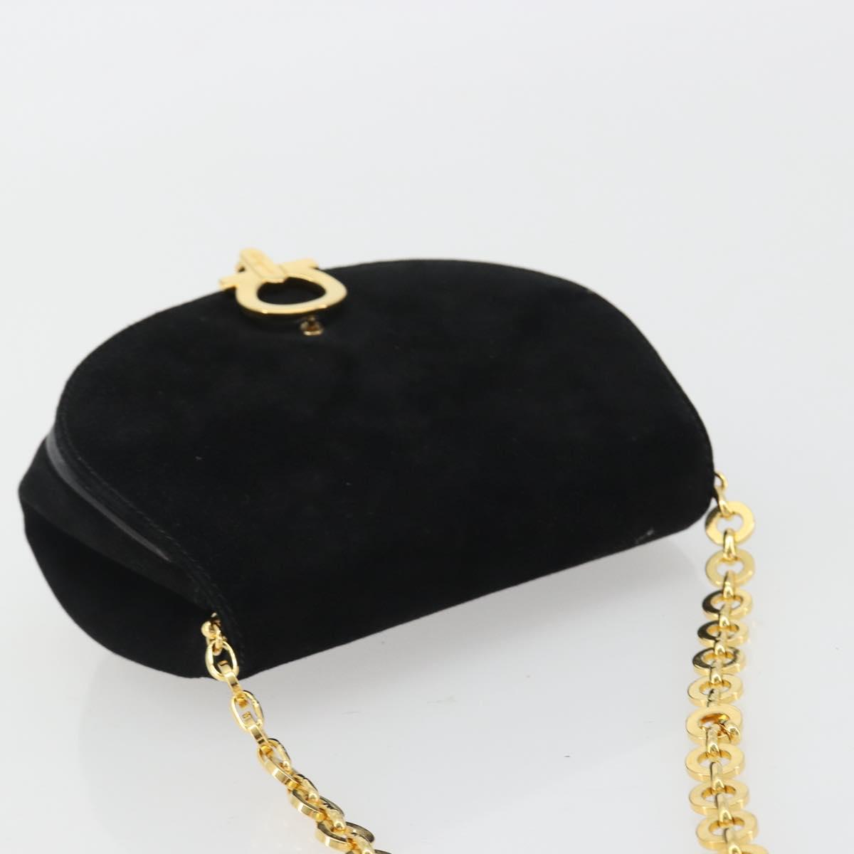 Salvatore Ferragamo Gancini Chain Shoulder Bag Suede Black Gold Auth 190242