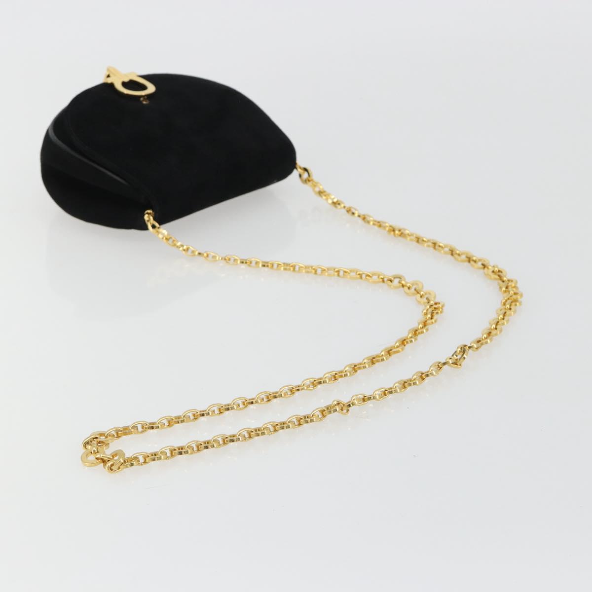 Salvatore Ferragamo Gancini Chain Shoulder Bag Suede Black Gold Auth 190242