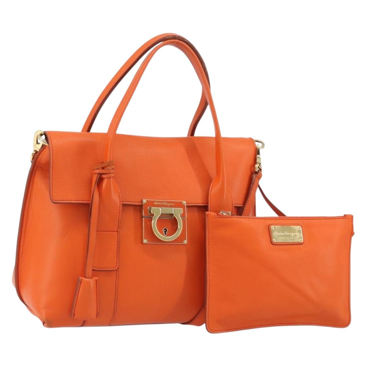 Salvatore Ferragamo Gancini Hand Bag Leather 2way Orange Gold Auth 190253
