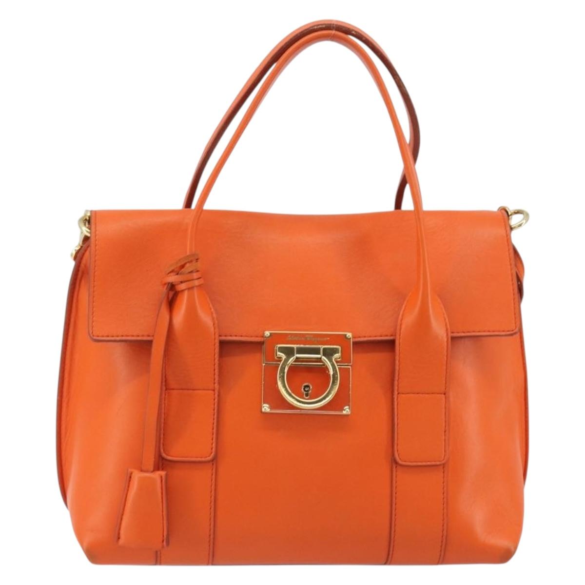 Salvatore Ferragamo Gancini Hand Bag Leather 2way Orange Gold Auth 190253