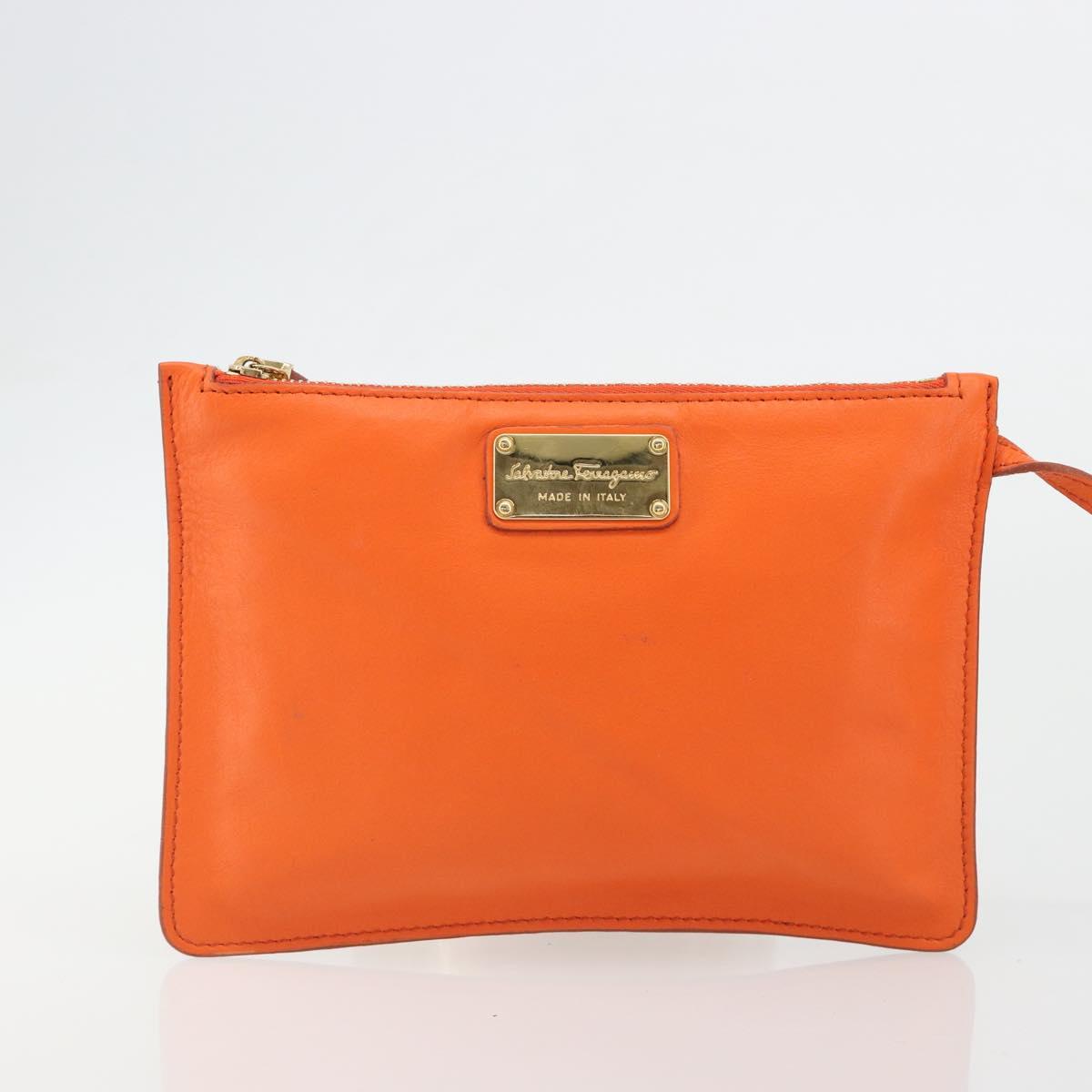 Salvatore Ferragamo Gancini Hand Bag Leather 2way Orange Gold Auth 190253