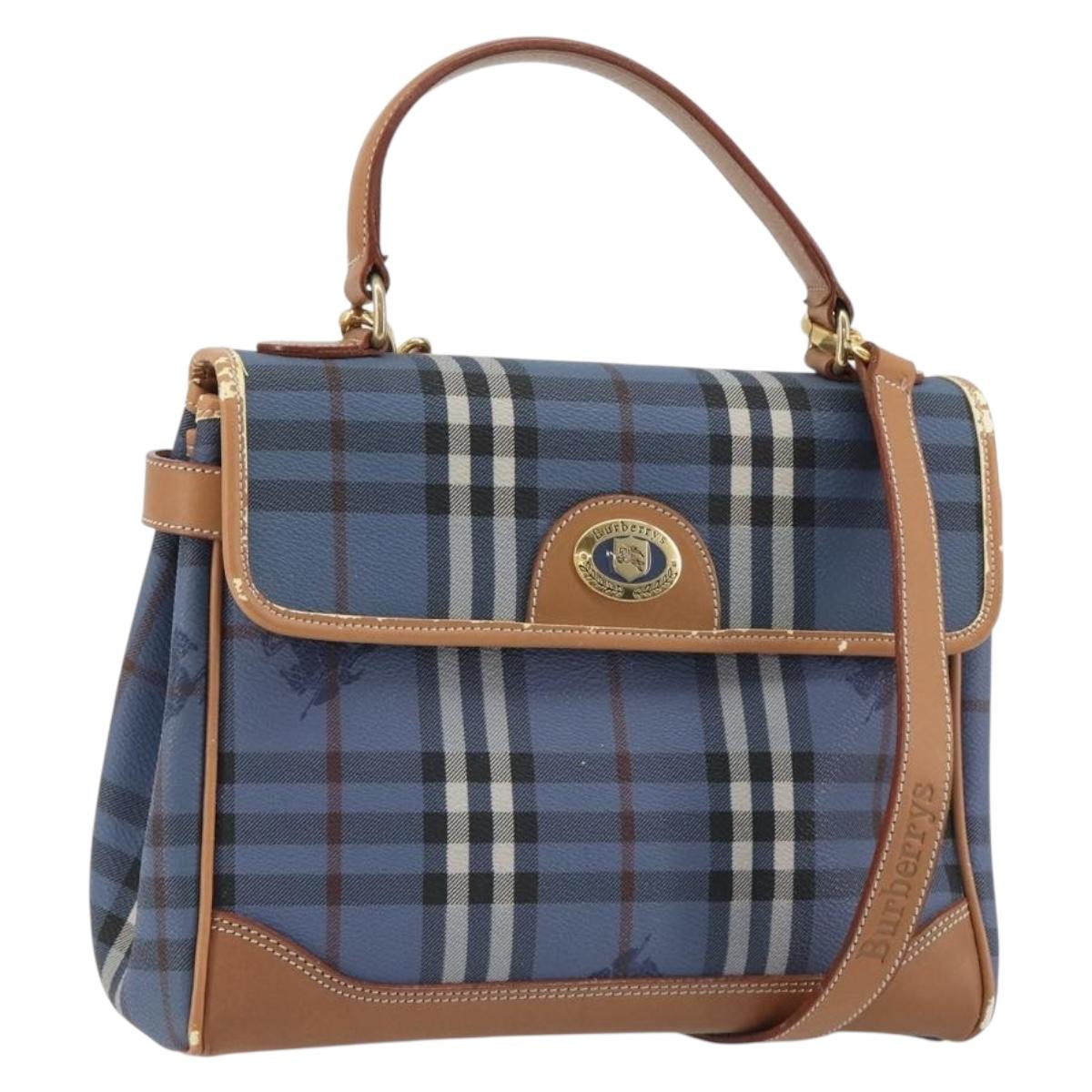 Burberrys Nova Check Hand Bag PVC 2way Blue Gold Auth 190255