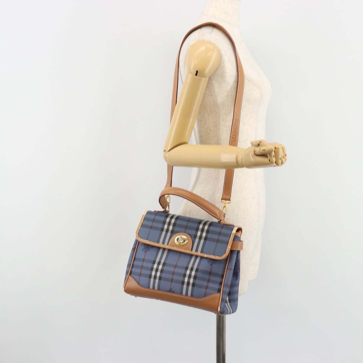 Burberrys Nova Check Hand Bag PVC 2way Blue Gold Auth 190255