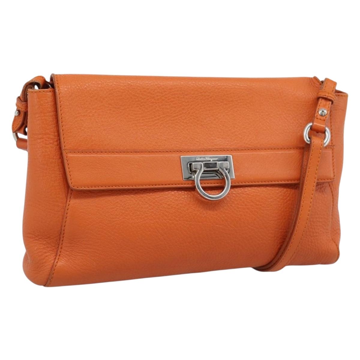 Salvatore Ferragamo Gancini Shoulder Bag Leather Orange Silver Auth 190261A