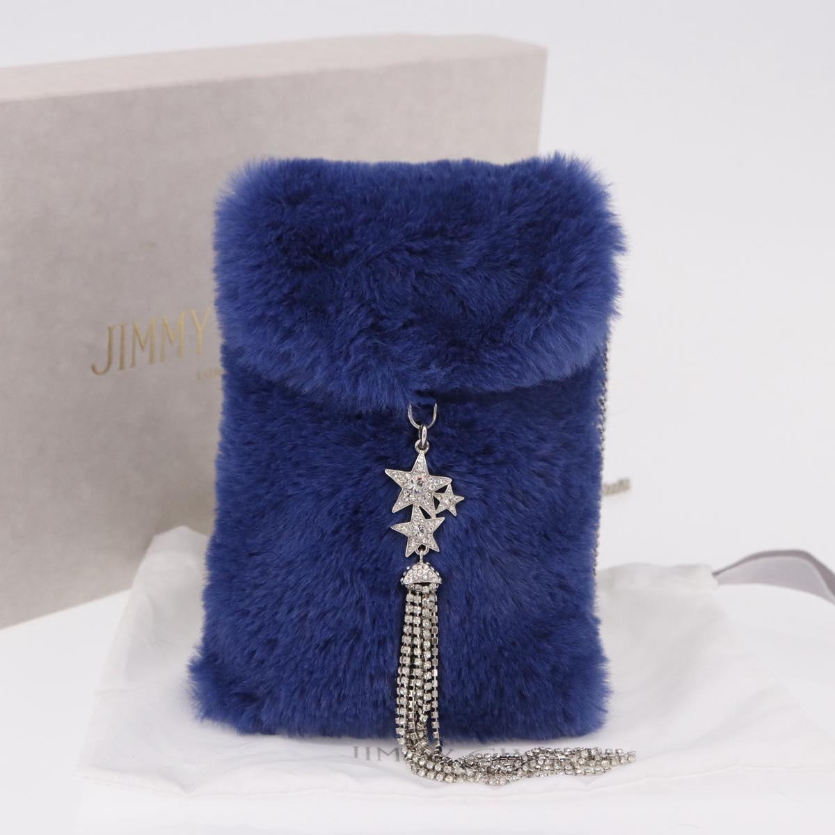 Jimmy Choo Chain Shoulder Phone Holder Acrylic Fur Blue Silver Auth 190265A