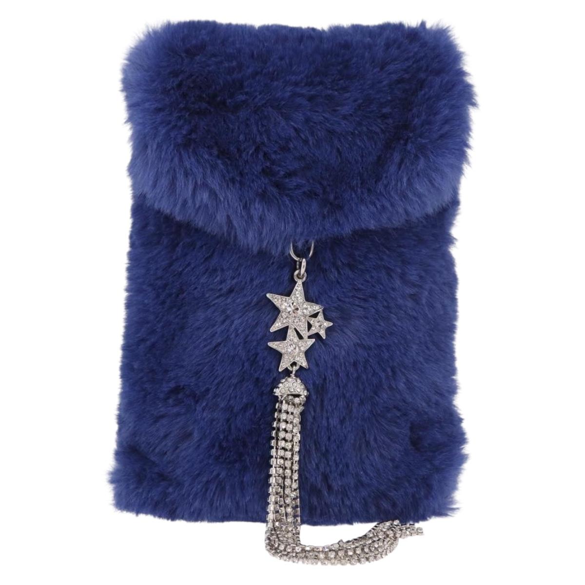 Jimmy Choo Chain Shoulder Phone Holder Acrylic Fur Blue Silver Auth 190265A