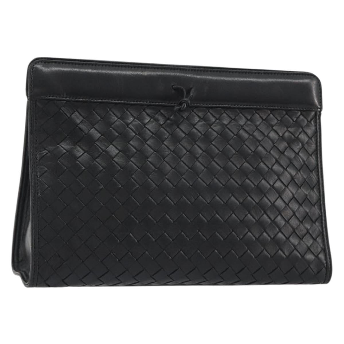 BOTTEGA VENETA INTRECCIATO Clutch Bag Leather Black Gold Auth 190307A