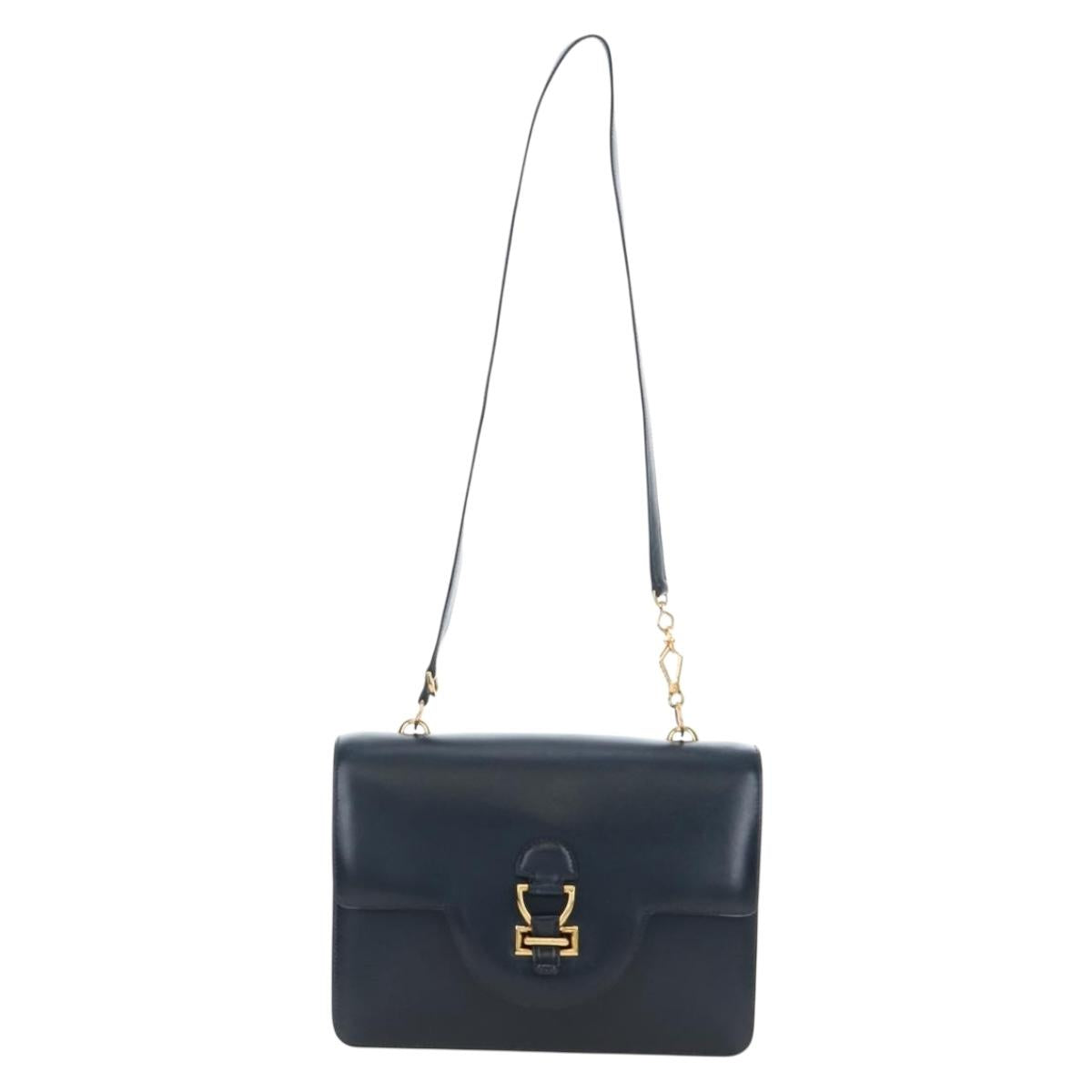 HERMES Sandrine Shoulder Bag Leather Navy Gold Auth 190310M