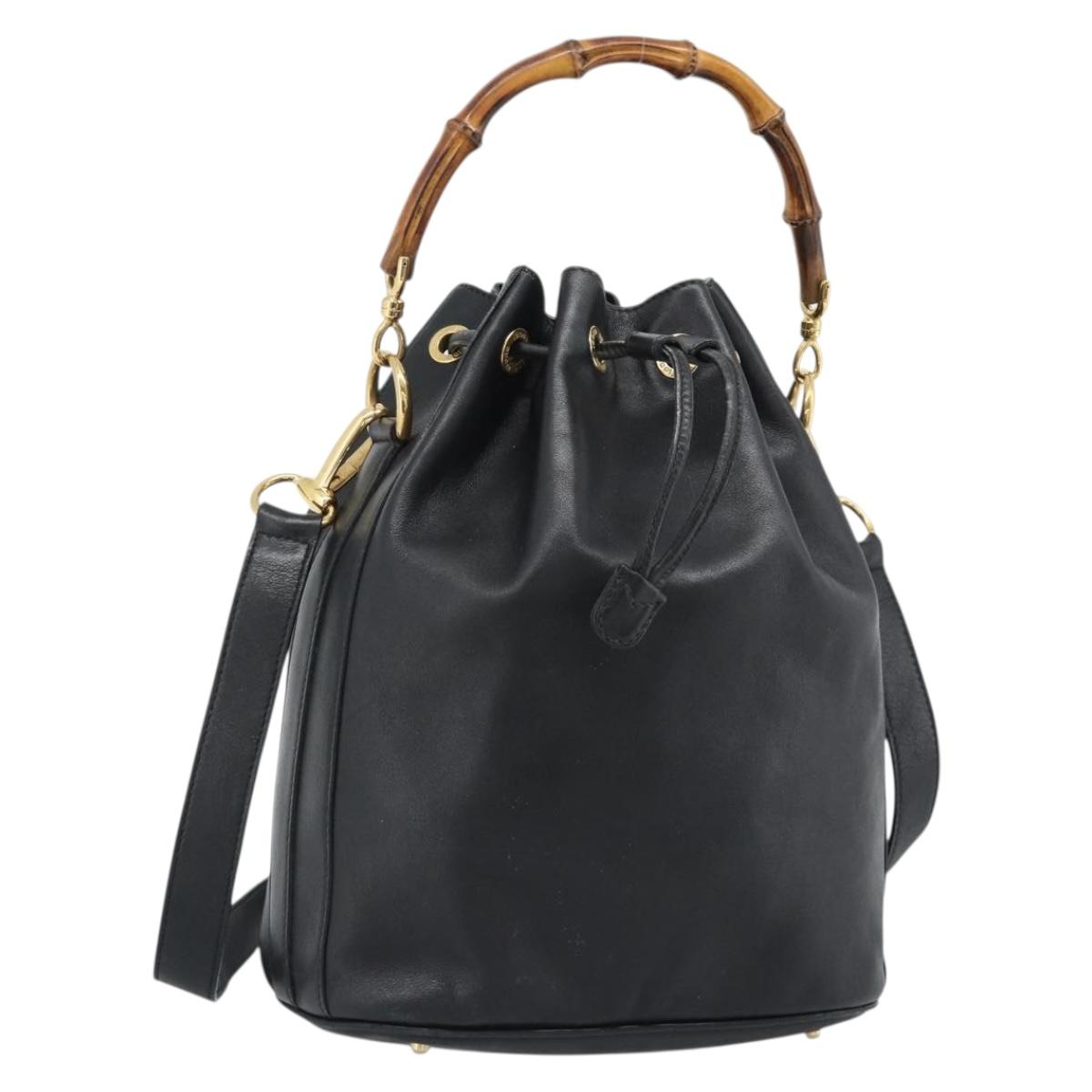 GUCCI Bamboo Hand Bag Leather 2way Black Gold 001 2040 1657 Auth 190311