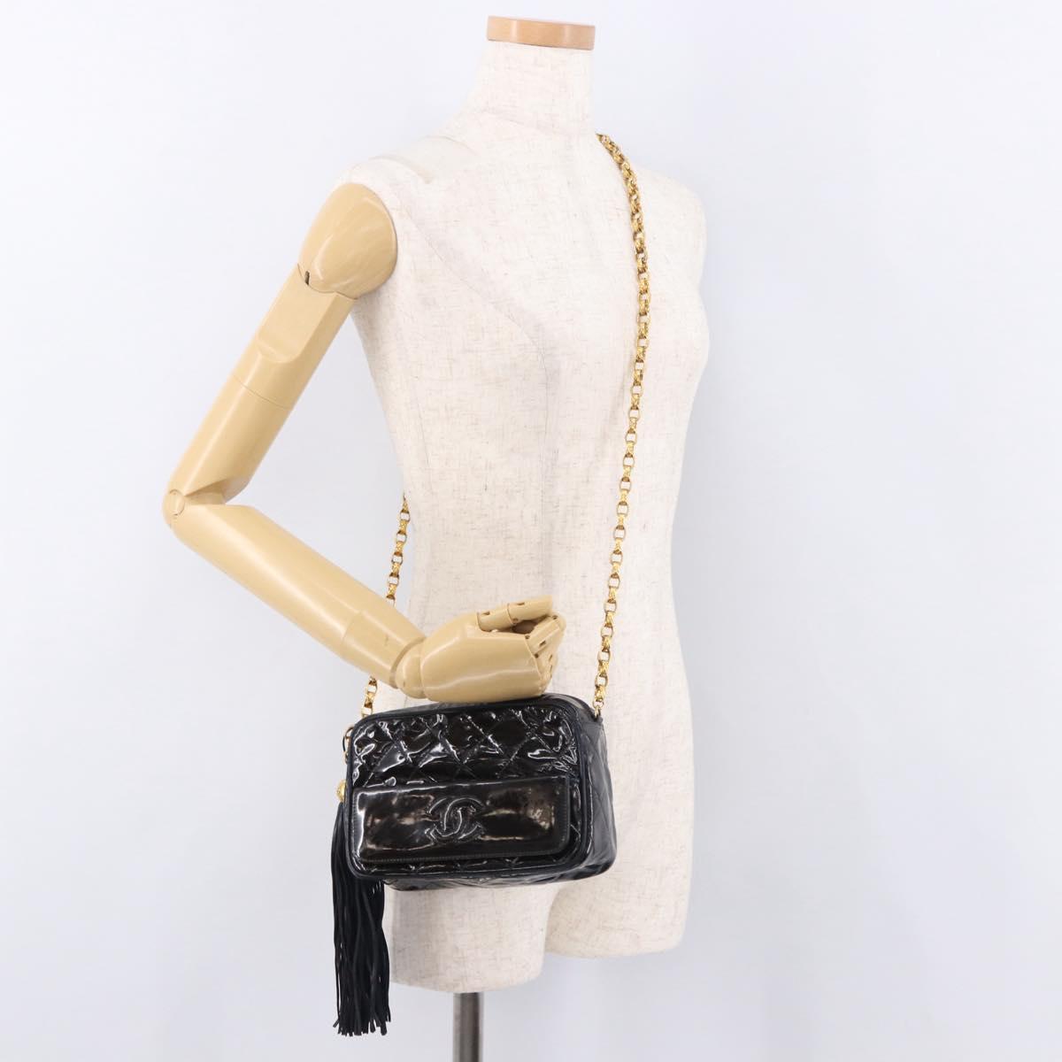 CHANEL Matelasse Chain Shoulder Bag Patent Leather Black Gold CC Auth 190323