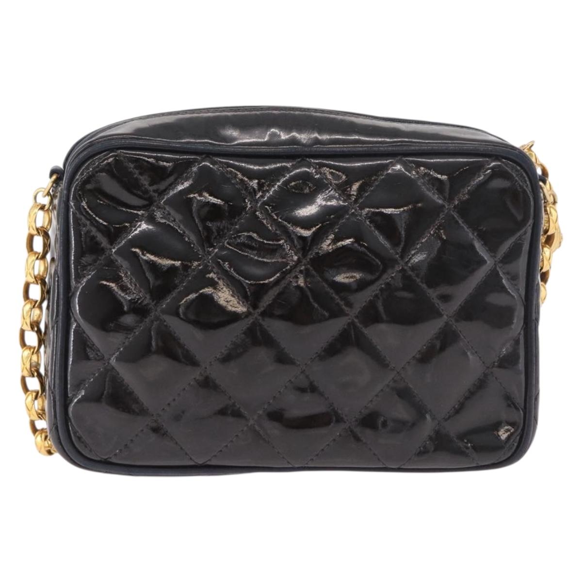 CHANEL Matelasse Chain Shoulder Bag Patent Leather Black Gold CC Auth 190323